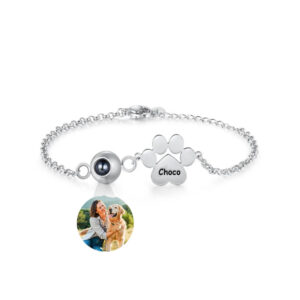 Personalized photo projection bracelet in stainless steel, shine light to reveal pet photo inside, engraved paw name charm
