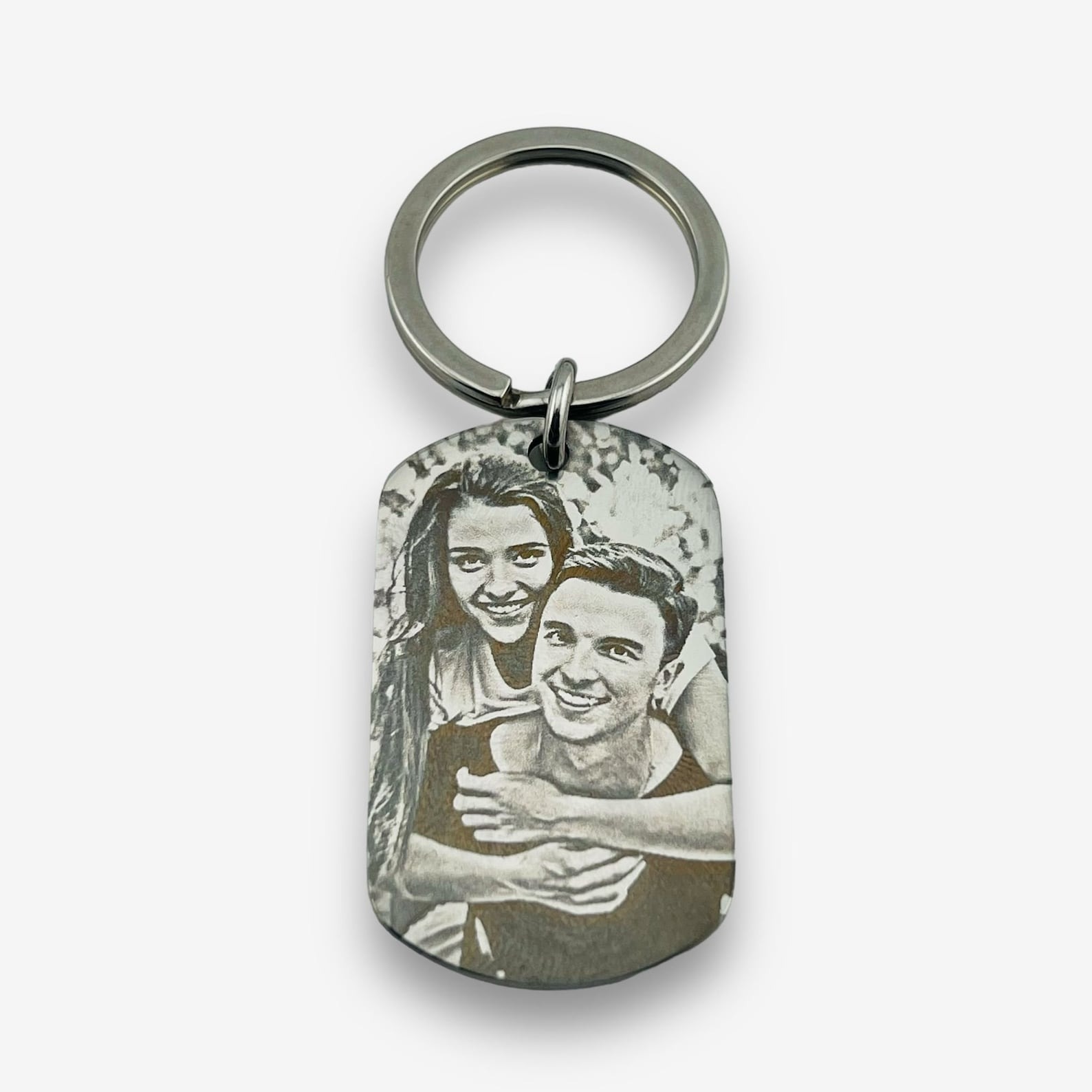 Silver personalized photo keychain, engraved dog tag memorial keepsake