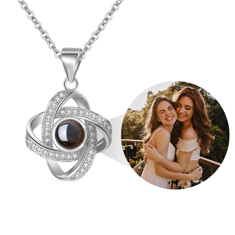 Silver clover projection necklace, personalized photo hidden inside pendant