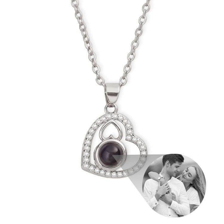 Silver picture necklace with heart projection pendant, romantic gift for her