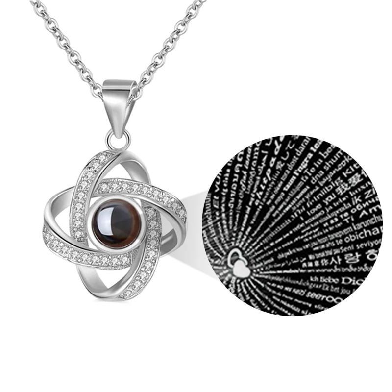 Silver custom photo necklace with clover projection pendant, romantic gift for her