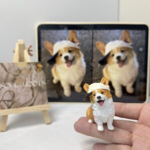 Small custom resin corgi pet figurine, baseball cap, hand held, customer photo on tablet, personalized pet memorial gift