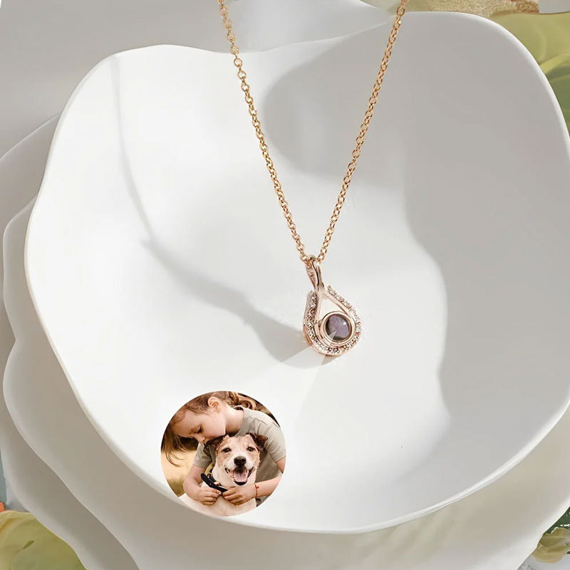 Rose gold water drop hologram pendant necklace, hidden photo jewelry