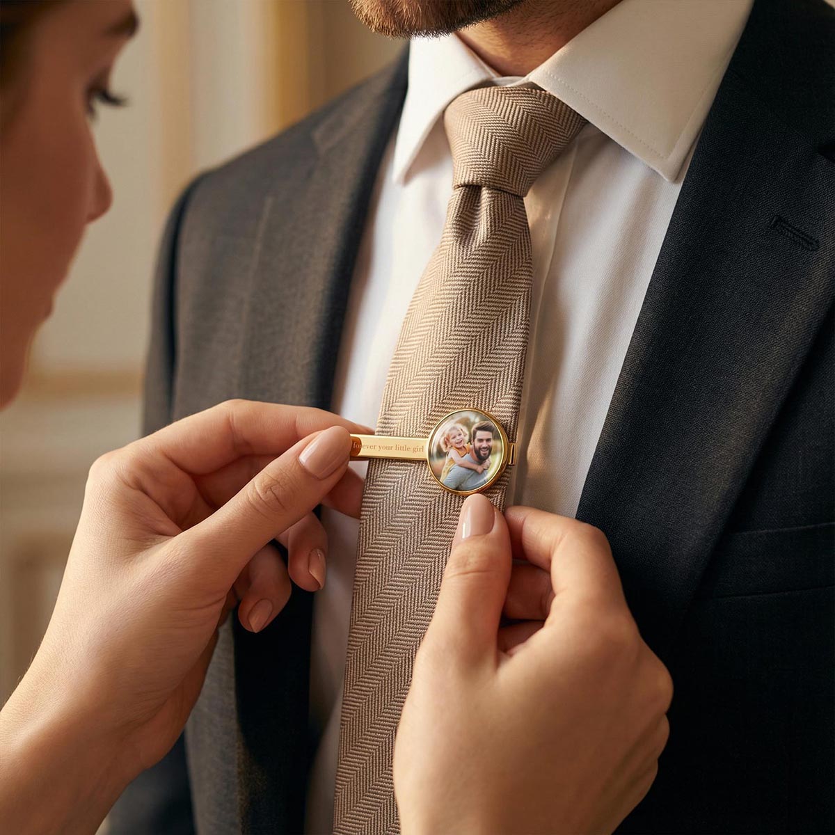 Personalized photo tie clip worn on tie, custom engraved tie bar in gift box