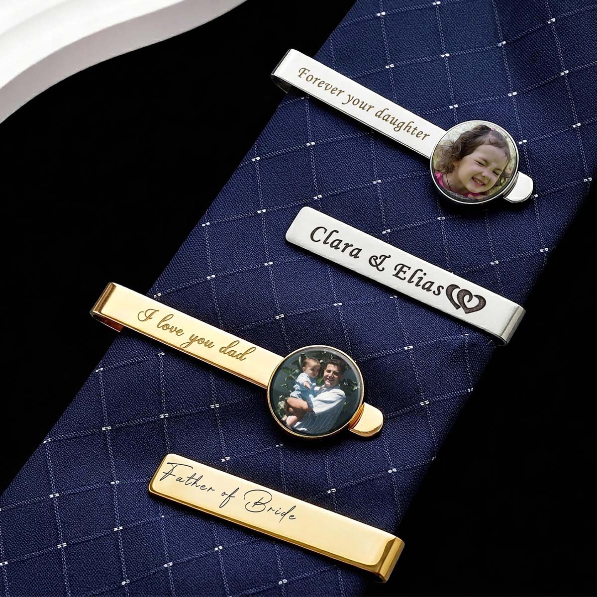 Gold silver personalized photo tie clips custom engraved tie bar set