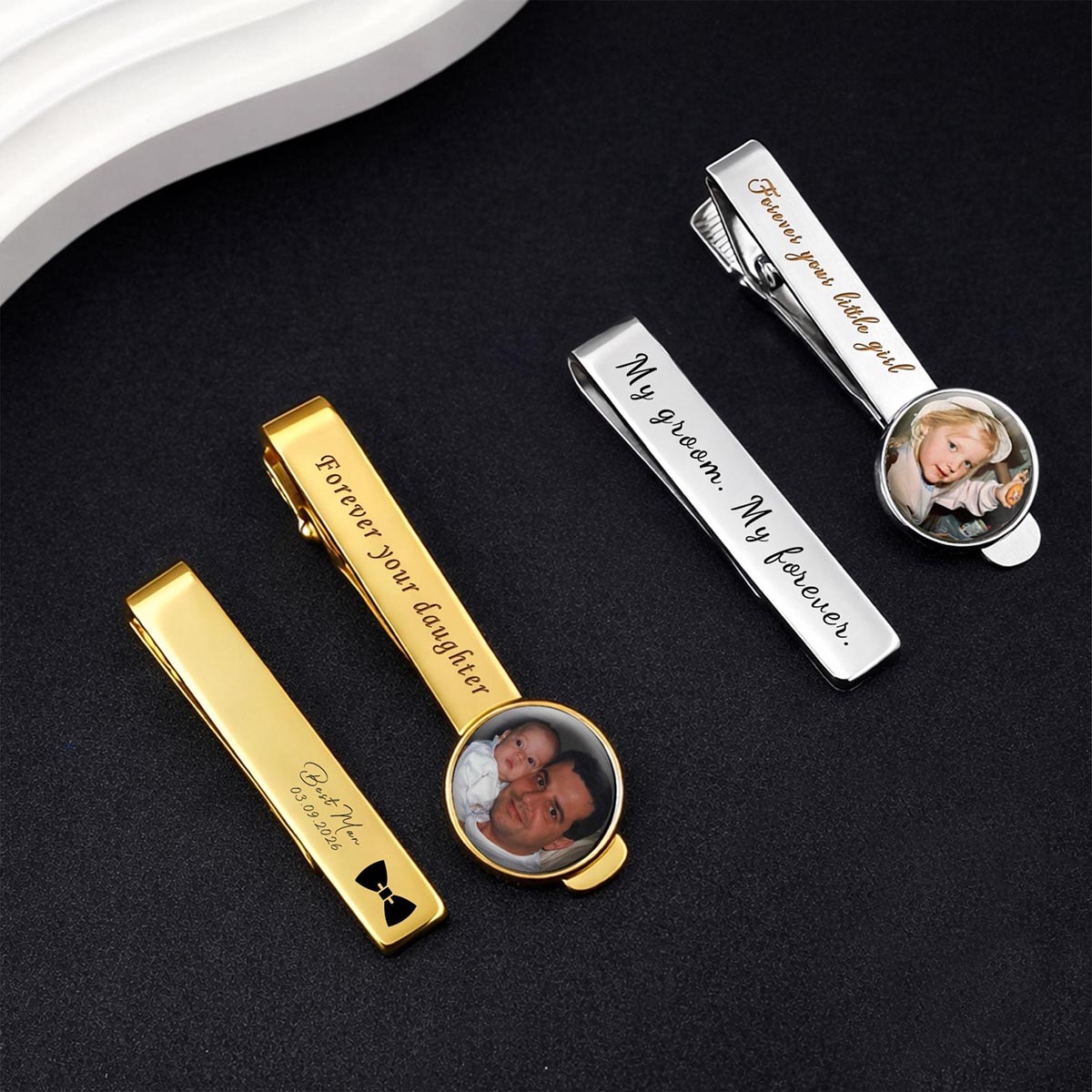 Gold personalized photo tie clip custom engraved tie bar wedding gift