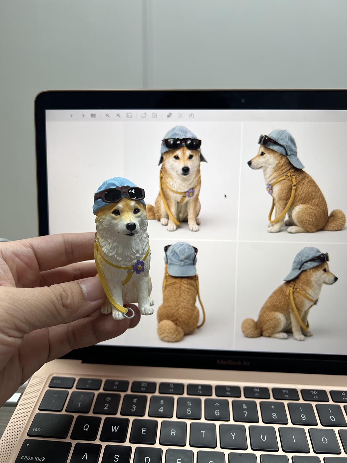 Custom resin shiba inu pet figurine, hat and sunglasses, hand held, customer reference photos on laptop