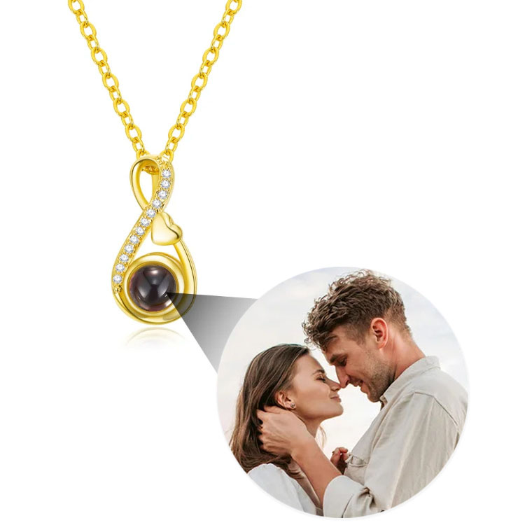 Gold infinity symbol picture projection necklace, custom photo hidden inside crystal pendant