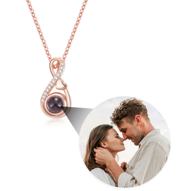 Rose gold personalized photo projection infinity necklace with hidden couple photo pendant