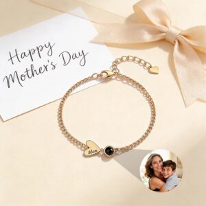 Gold Mom bracelet next to Happy Mother's Day card, mother son photo projecting from stone
