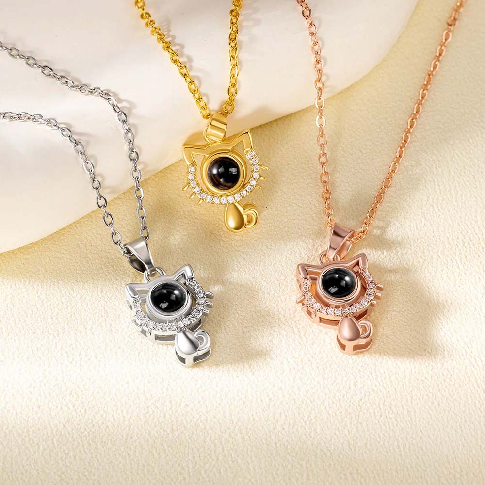 Personalized cat photo projection necklaces in silver, gold and rose gold, cute kitty head pendants