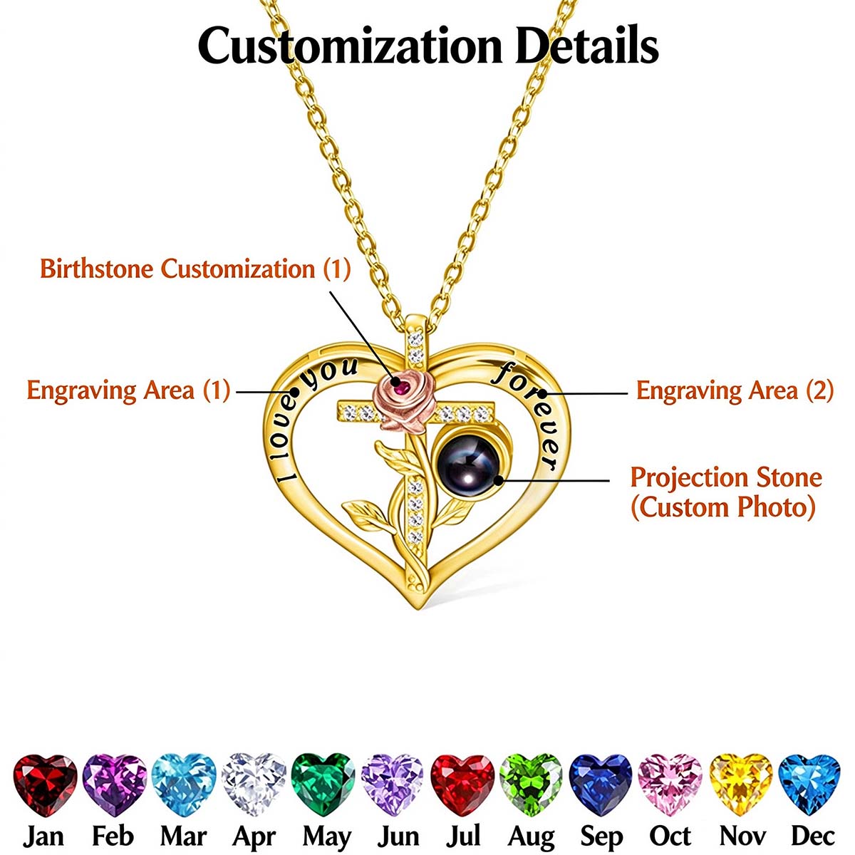 Customization details of heart rose projection necklace, birthstone, engraving areas and projection stone explanation with 12 birthstone colors