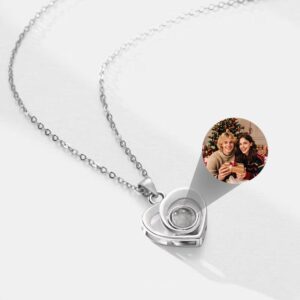 Silver minimalist twisted heart photo necklace, couple photo projecting from crystal pendant