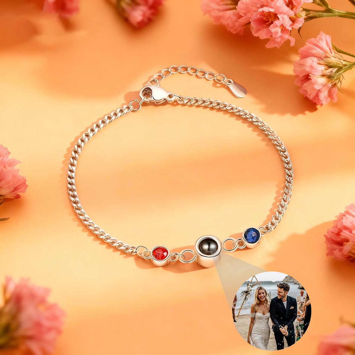 Silver double birthstone bracelet with pink carnations, wedding photo projecting from crystal