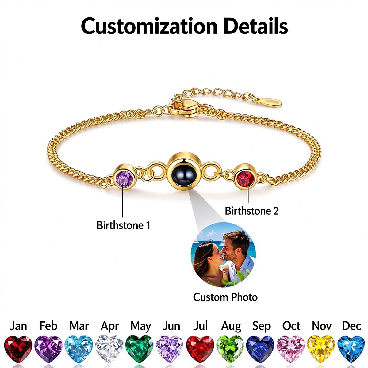 Double birthstone projection bracelet customization diagram, two birthstones and custom photo explained