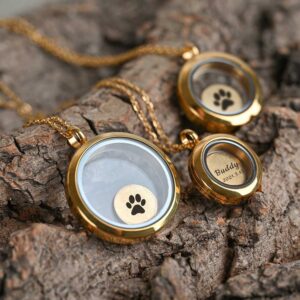 1. `Personalized round glass pet urn necklace, gold stainless steel memorial locket for pet ashes, custom engraved inner disc with paw print`