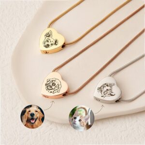 3 color options heart pet urn necklace, custom photo engraving for cat & dog portrait, gold rose gold silver cremation keepsake pendant