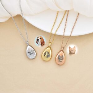 3 colors teardrop pet cremation urn necklace silver gold rose gold, personalized cat portrait keepsake pendant
