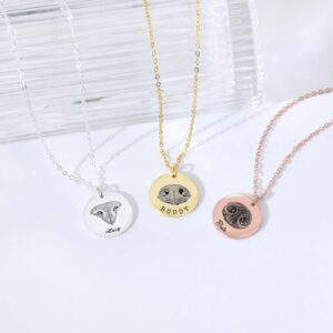 Personalized pet nose print disc necklace, engraved dog nose imprint & name, silver gold rose gold memorial jewelry