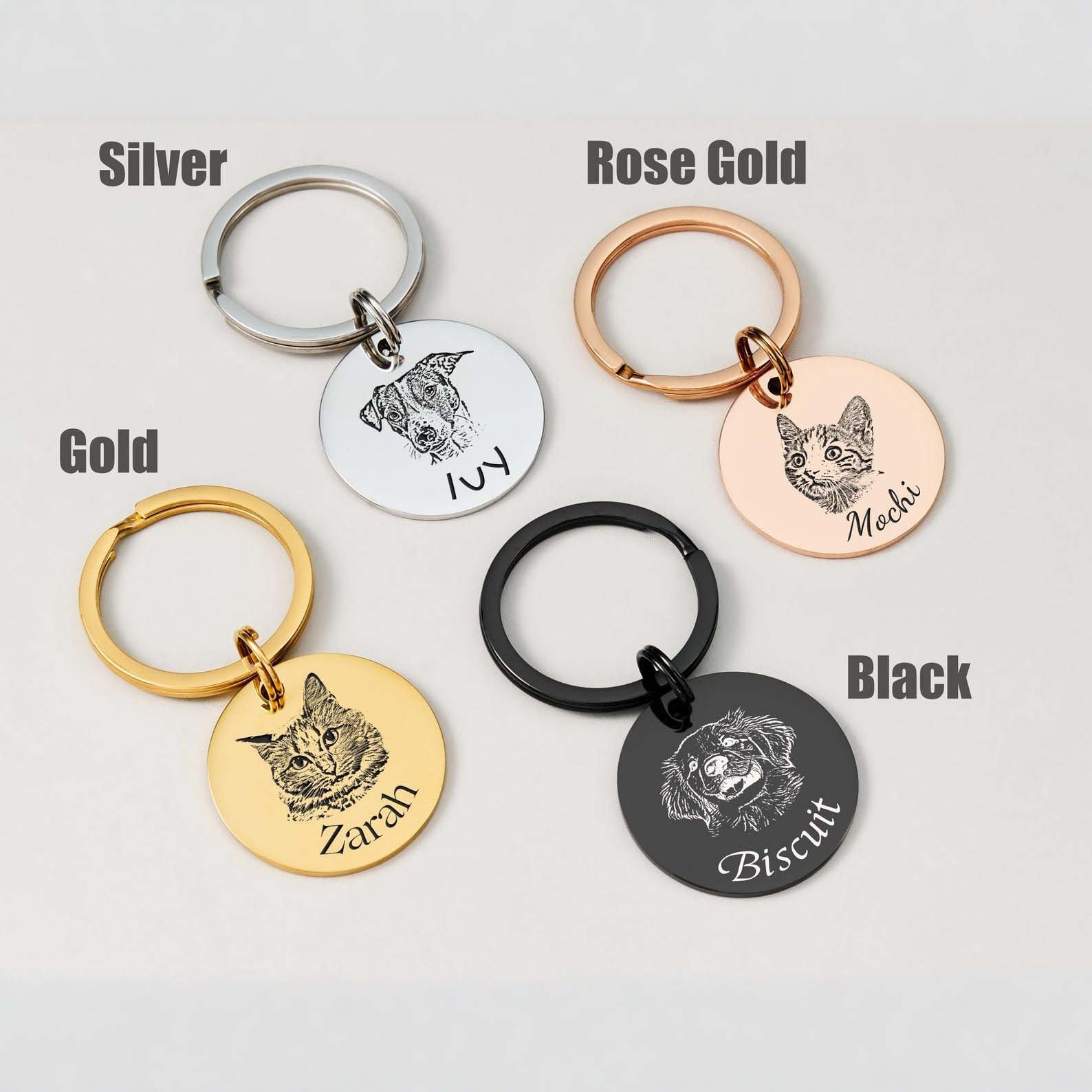 Custom pet photo keychain color options, silver gold rose gold black engraved round pet portrait keyring