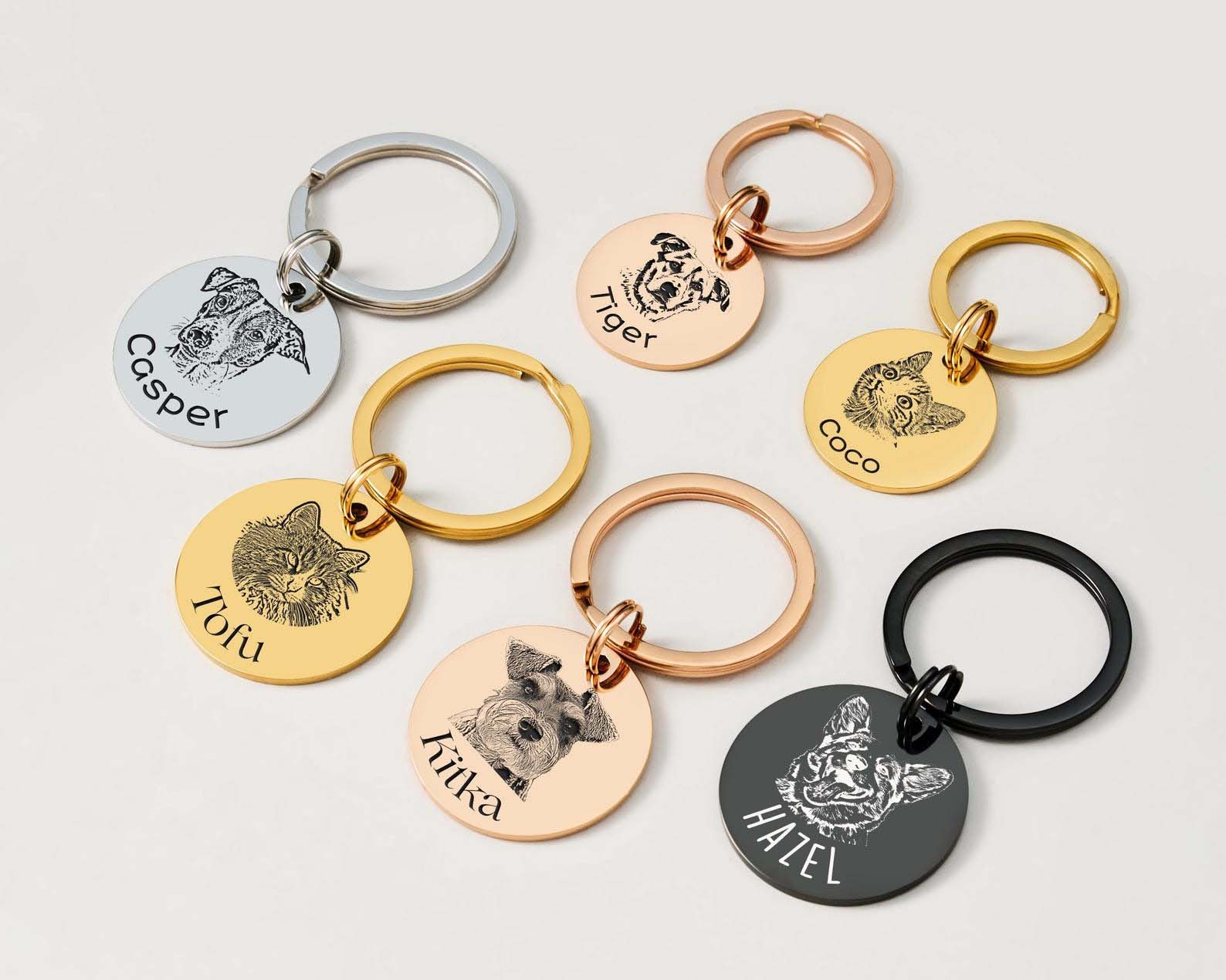 Personalized pet photo keychains, silver gold rose gold black round engraved dog cat portrait key tags