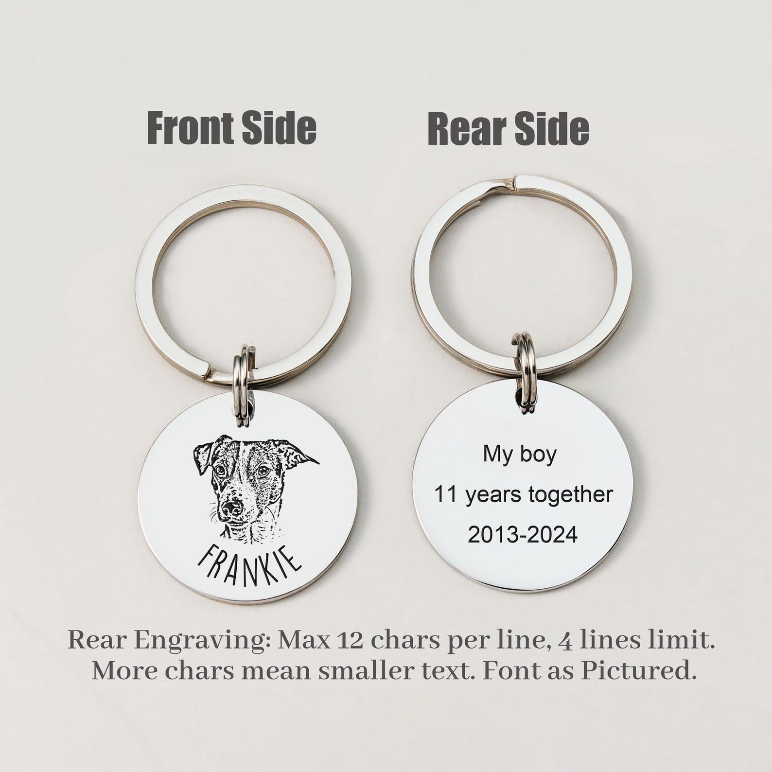 1. Custom pet portrait keychain front and back view, engraved dog photo and custom memorial text on reverse