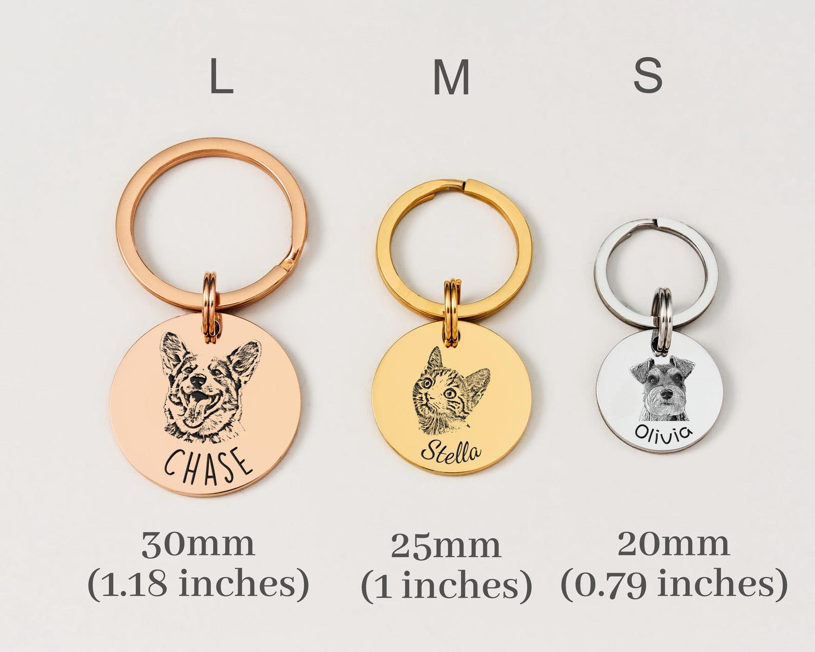 Custom pet portrait keychain size guide, S 20mm, M 25mm, L 30mm round engraved pet photo key tag