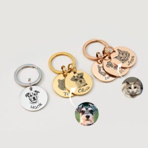 Custom pet photo keychain set, personalized dog cat portrait engraved round stainless steel keyring
