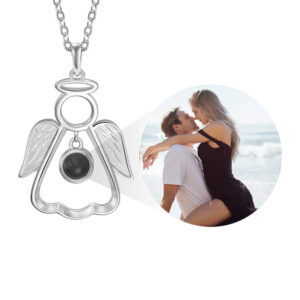Silver standing guardian angel photo projection necklace, showing projected couple photo inside crystal pendant