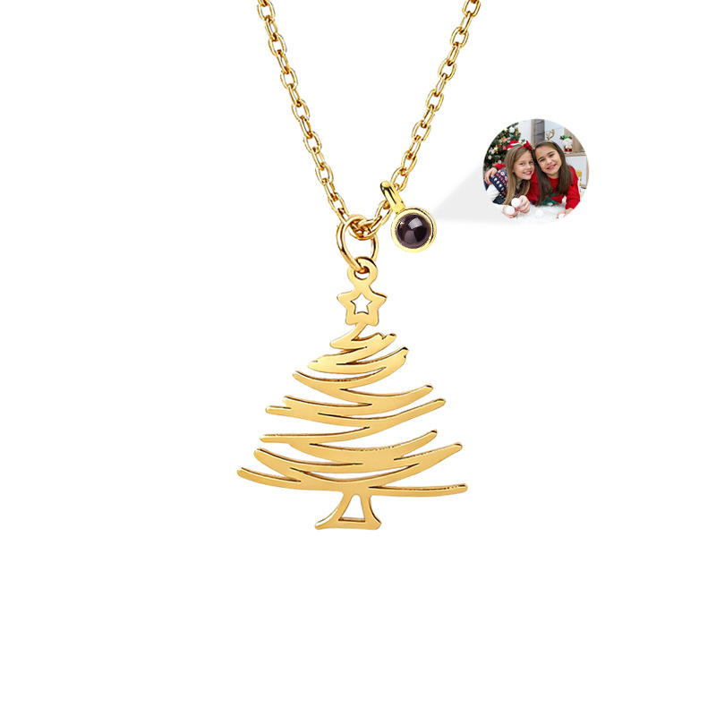 Gold open Christmas tree photo necklace, minimalist outline pendant showing projected holiday photo