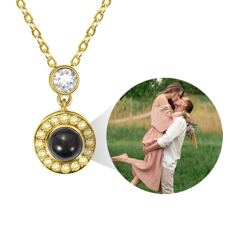Gold halo circle photo projection necklace, double round pendant showing projected couple picture inside crystal