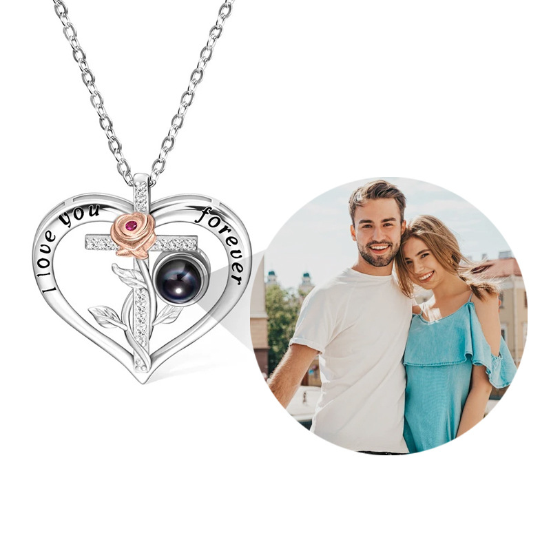 Silver heart rose photo projection necklace, hidden couple picture inside projection crystal pendant