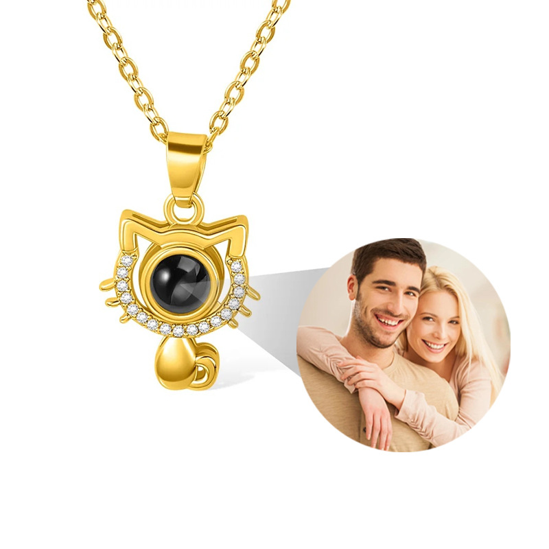 Gold kitty head photo projection necklace, custom picture hidden inside crystal pendant product shot