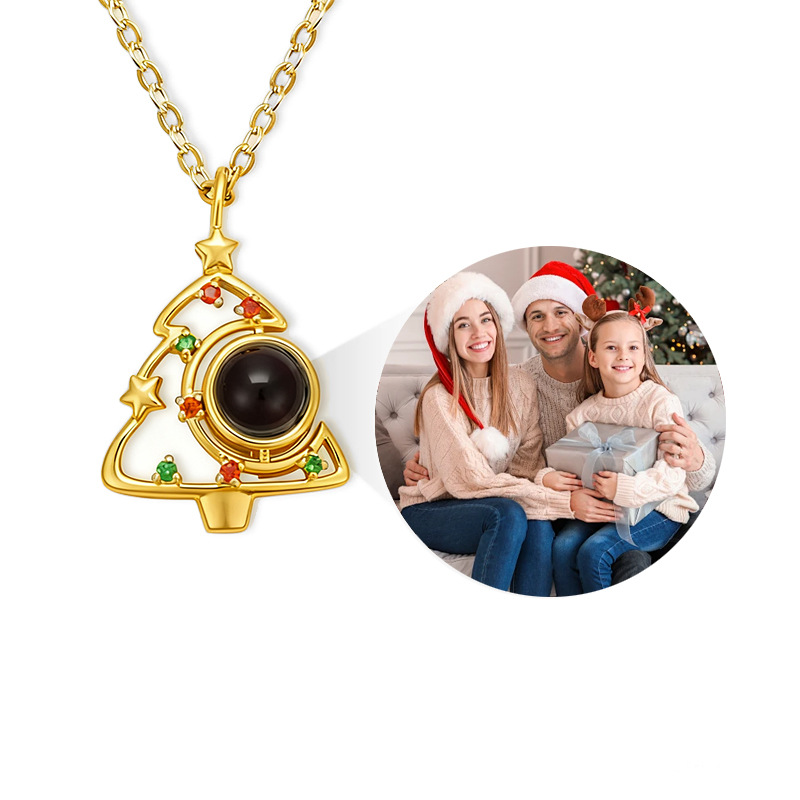 Gold Christmas tree photo pendant, family of three Christmas picture projecting from crystal