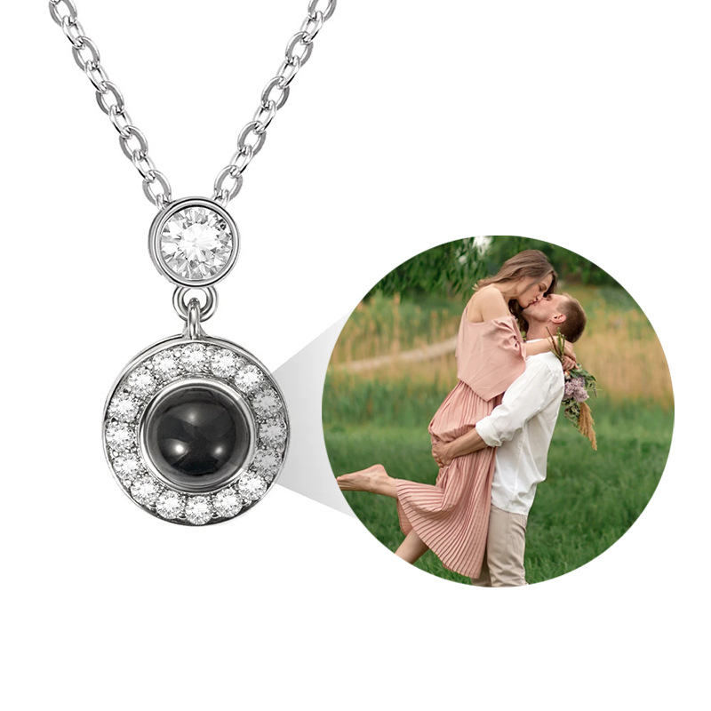 Silver halo round photo projection necklace, CZ top and crystal halo around projection stone