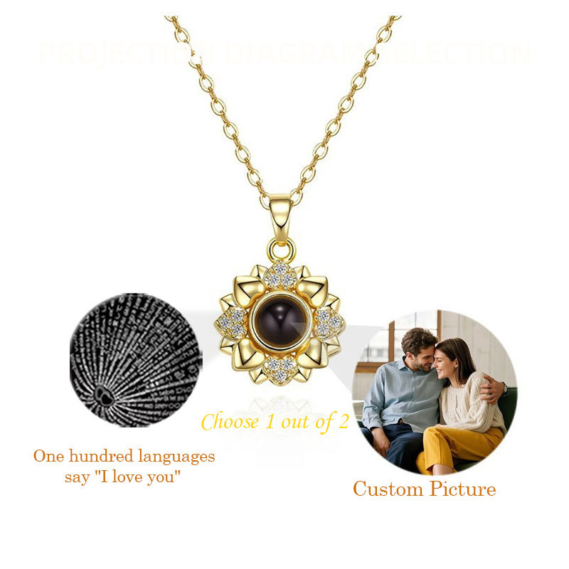 Gold sunflower projection necklace, choose 1 out of 2 — custom photo or I love you in 100 languages