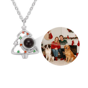 Silver Xmas tree projection necklace, hidden family with dogs Christmas photo inside crystal
