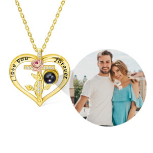 Gold heart rose cross picture projection necklace, custom photo inside crystal pendant for anniversary