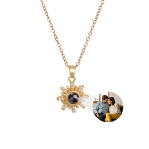 Gold sunflower sun photo projection necklace, couple photo projecting from center stone on white