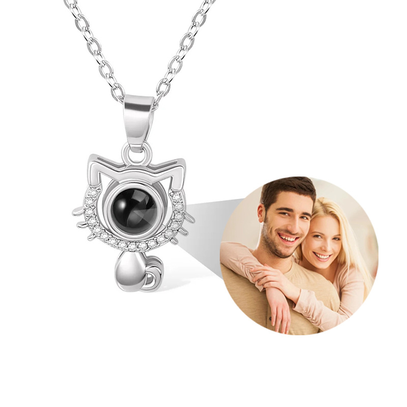 Silver custom cat photo projection necklace, kitty head pendant showing projected couple picture inside crystal