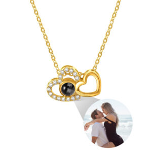 Gold custom photo projection necklace, interlocking double heart pendant showing projected couple photo