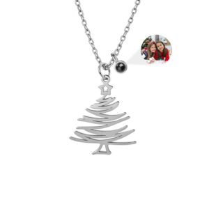 Silver open Christmas tree projection necklace, Scandinavian outline design with small photo bead