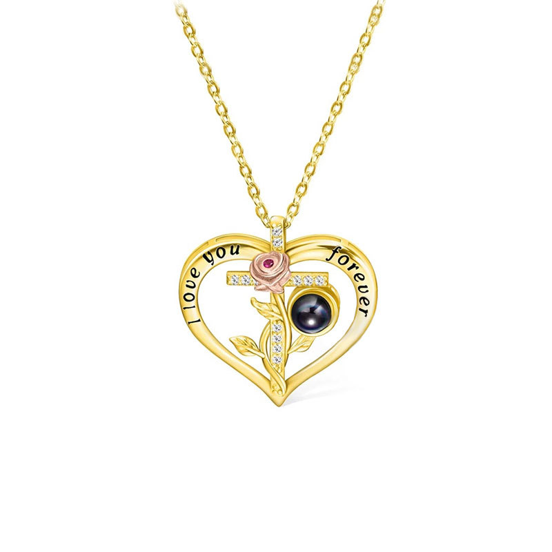 Gold heart rose cross photo projection necklace, I love you forever open heart pendant product shot