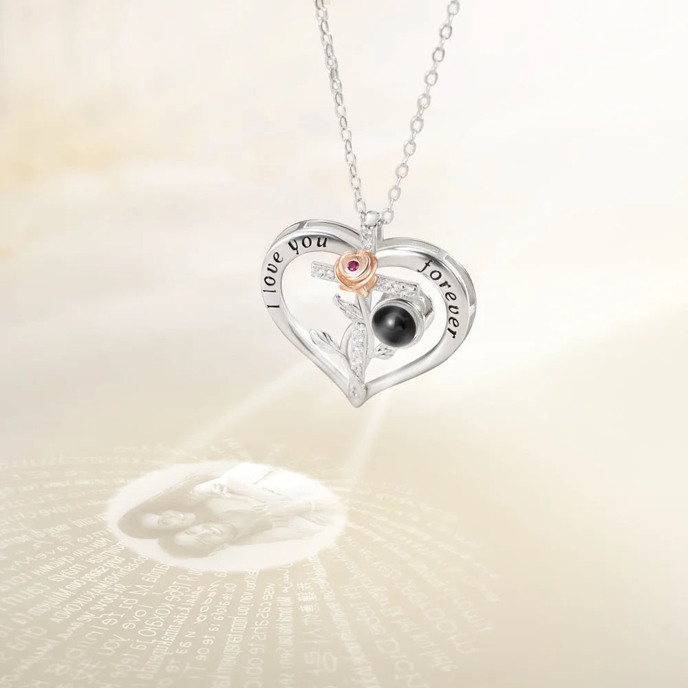 Silver heart rose projection necklace, custom photo projecting from crystal onto soft background