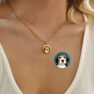 1. Custom pet portrait engraving preview, gold round pet ashes urn necklace on model